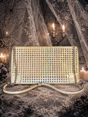 Christian Louboutin Loubiposh Studded Clutch Crossbody Galactic Silver W/COA